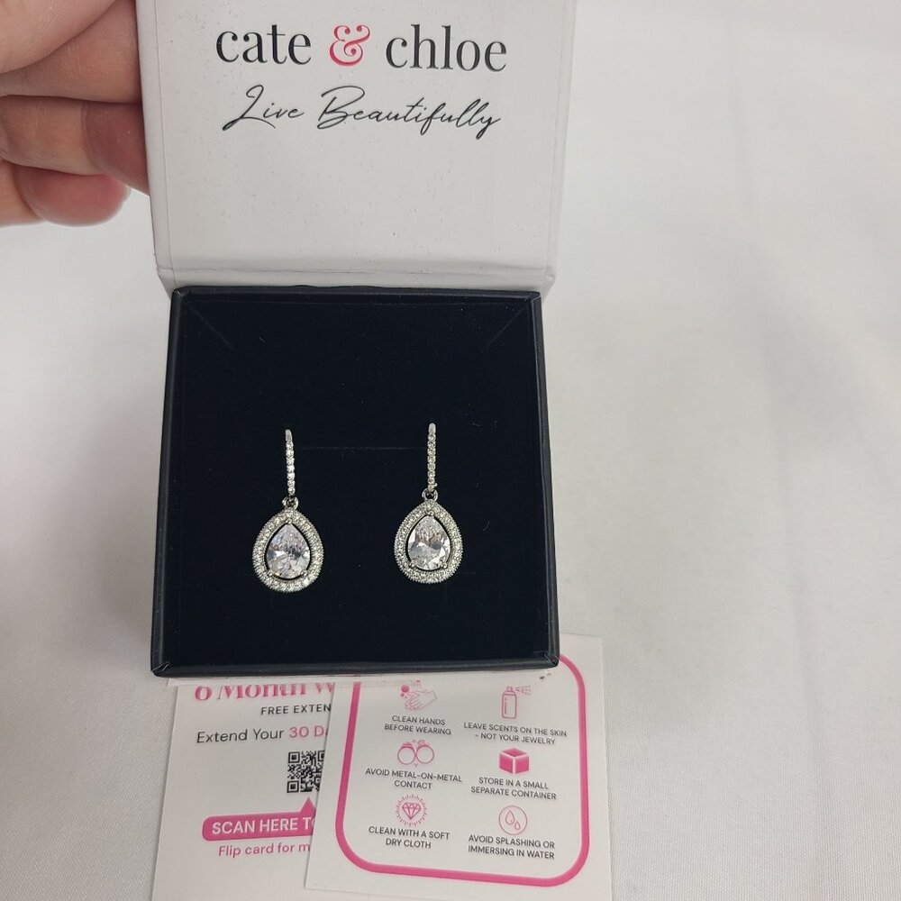 NEW Cate & Chloe Isabel 18K W hite Gold Pear Drop Earrings With Cubic Zirconia